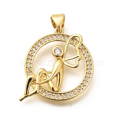 Rack Plating Brass Micro Pave Cubic Zirconia Pendants, Long-Lasting Plated, Lead Free & Cadmium Free, Round Ring with Fairy Charms, Real 18K Gold Plated, 22.5x21x3mm, Hole: 5x3mm(KK-L226-017G)