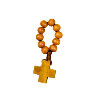 Wood Cross & Round Beads Finger Rings, with Polyester Cord, Goldenrod, US Size 8 1/2(18.5mm)