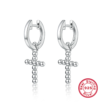 925 Sterling Silver Hoop Earrings, Religion Cross Dangle Earring for Women, Silver, 31x11mm