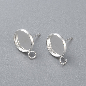 304 Stainless Steel Stud Earring Settings, with Loop, Flat Round, Silver, Tray: 10mm, 15x12x1.5mm, Hole: 2mm, Pin: 0.8mm