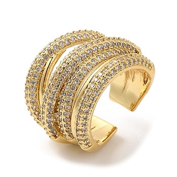 Rack Plating Brass Criss Cross Open Cuff Rings with Cubic Zirconia, Lead Free & Cadmium Free, Real 18K Gold Plated, Inner Diameter: 17.6mm