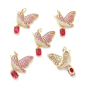 Real 18K Gold Plated Brass Micro Pave Cubic Zirconia Pendants, Long-Lasting Plated, Bird, Red, 26x21x4mm, Hole: 3mm