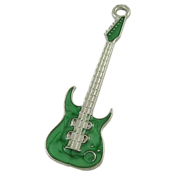 Alloy Enamel Big Pendants, Lead Free and Cadmium Free, Guitar, Platinum, Green, about 62mm long, 18.5mm wide, 2mm, thick, hole: 3mm