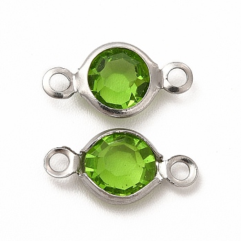304 Stainless Steel with Glass Connector Charms, Flat Round Links, Stainless Steel Color, Yellow Green, 12.5x7x2mm, Hole: 1.5mm