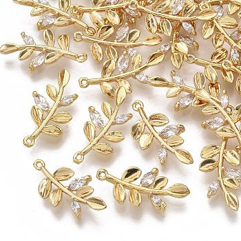 Brass Cubic Zirconia Pendants, Nickel Free, Leafy Branches, Clear, Real 18K Gold Plated, 17.5x9x3mm, Hole: 0.7mm