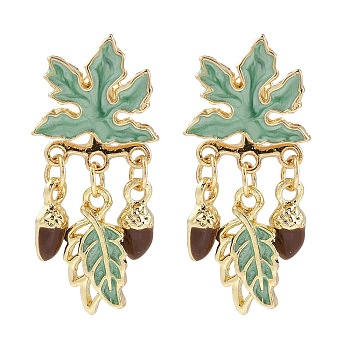 Maple with Pine Cone Enamel Stud Earrings, Earrings Front and Back, Green, Golden, 32x14mm