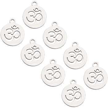 304 Stainless Steel Charms, Flat Round with Om Symbol, Stainless Steel Color, 14x12x1mm, Hole: 1.5mm, 20pcs/box