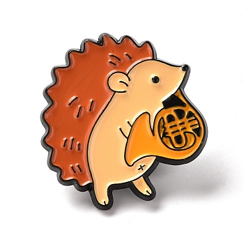 Alloy Enamel Brooches, Enamel Pin, Hedgehog with French Horn, Colorful, 28x26x11mm