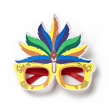 Felt Brazil Carnival Eyeglasses Frame Decoration, Glasses Masquerade Masks, Stage Performance Props, with Plastic Holder, Feather Pattern, 150x162x15mm