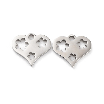 316 Surgical Stainless Steel Charms, Manual Polishing, Laser Cut, Heart with Flower Charms, Stainless Steel Color, 10.5x12x1mm, Hole: 1.6mm