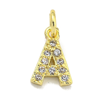Letter Brass Micro Pave Clear Cubic Zirconia Pendants, Jump Ring, Real 18K Gold Plated, Letter A, 9x6x1.8mm, Jump Ring: 4x0.9mm, Hole: 2.5mm