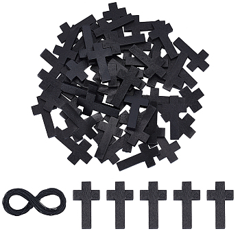 50Pcs Spray Painted Wood Pendants, Religion Corss Charm, with 1 Bundle Winding Waxed Polyester Cord, Black, Cross: 41x23.5x5mm, Hole: 1.6mm