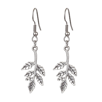 Alloy Leaf Dangle Earrings with 304 Stainless Steel Pins, Antique Silver, 53x16mm