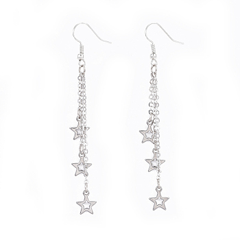 Brass Tassel Dangle Earrings, with 201 Stainless Steel Charms, Star, Platinum, 77.5mm, Pin: 0.6mm