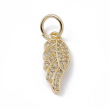 Rack Plating Brass Micro Pave Cubic Zirconia Pendants, Cadmium Free & Lead Free, Long-Lasting Plated, with Jump Ring, Wing Charm, Real 18K Gold Plated, 16.5x7x2.5mm, Hole: 2.5mm