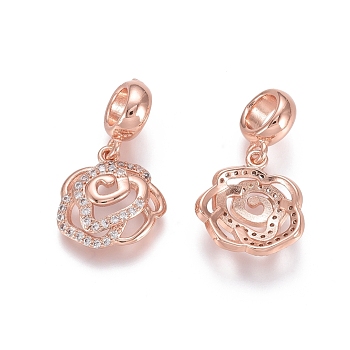 Brass Micro Pave Cubic Zirconia European Dangle Charms, Large Hole Pendants, Flower, Clear, Rose Gold, 23mm, Flower: 14x14x4mm, Hole: 2mm