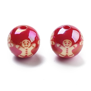 Christmas Theme UV Plating Acrylic Beads, Iridescent, Round, Gingerbread Man, 15.5x15mm, Hole: 2.8mm