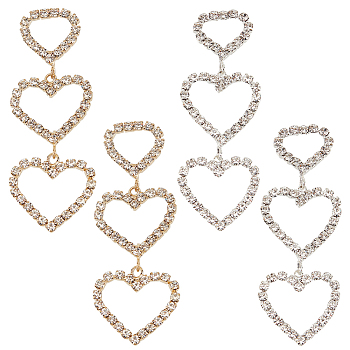 ANATTASOUL 2 Pairs 2 Colors Crystal Rhinestone Triple Hollow Heart Dangle Stud Earrings with 925 Sterling Silver Pins, Alloy Long Drop Earrings for Valentine's Day, Golden & Silver, 59mm, Pin: 0.8mm, 1 Pair/color