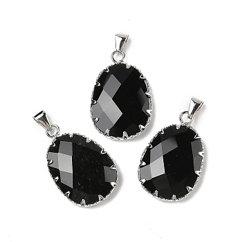 Natural Obsidian Pendants, Faceted Oval Charms with Brass & Iron Findings, Platinum, 26x17x5~6mm, Hole: 4.5mm