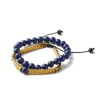 Natural Lapis Lazuli(Dyed) Stretch Bracelets Set for Girl Women, Arrows Non-magnetic Synthetic Hematite Braided Bead Bracelets, Natural Lava Rock Beads Bracelets, Inner Diameter: 2-3/8~3-5/8 inch(6~9.2cm), 2pcs/set