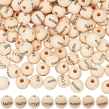 40Pcs 4 Styles Schima Wood European Beads, Round with Word, Moccasin, 16x14.5mm, Hole: 4.5mm, 10pcs/style