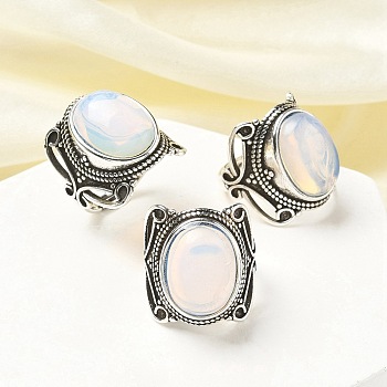 Opalite Adjustable Rings, Lead Free & Cadmium Free, Antique Silver Plated Brass Finger Rings for Women, Oval, 20.5mm, Inner Diameter: 17mm