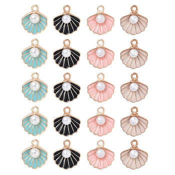 20Pcs 4 Colors Zinc Alloy Enamel Pendants, with ABS Plastic Imitation Pearl, Shell, Light Gold, Mixed Color, 15.5x14.5x6mm, Hole: 2mm, 5pcs/color