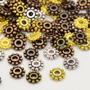 Mixed Tibetan Style Snowflake Flower Spacer Beads, Cadmium Free & Nickel Free & Lead Free, Mixed Color, 6.5mm, Hole: 2mm, about 900pcs/200g