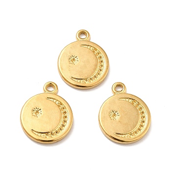 Ion Plating(IP) 304 Stainless Steel Pendant Rhinestone Settings, Flat Round with Star & Moon, Real 18K Gold Plated, Fit for 1mm Rhinestone, 19x15.5x2mm, Hole: 1.6mm