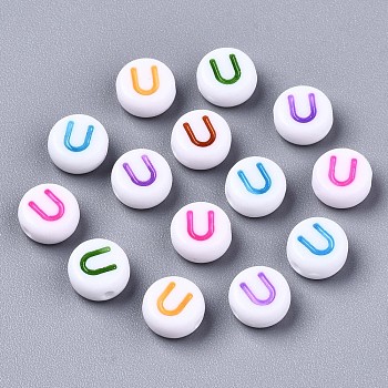 Opaque White Acrylic Beads, Flat Round with Mixed Color Letter, Letter.U, 7x3.5mm, Hole: 1.2mm, about 4000pcs/500g