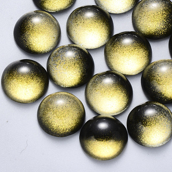 Transparent Spray Painted Glass Cabochons, with Glitter Powder, Half Round/Dome, Black, 14x7mm
