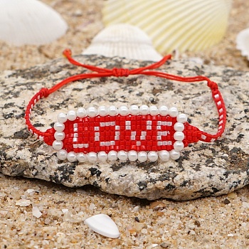Word LOVE Loom Pattern Seed Beads Bracelets for Women, Adjustable Nylon Cord Braided Bead Bracelets, Red, 11 inch(28cm)