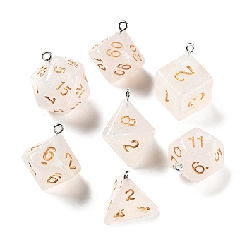 7Pcs 7 Styles Transparent Resin Polyhedral Dice Pendants Set, Multi-Sided Dice Charms with Platinum Plated Iron Loops, Mixed Shapes, Floral White, 20~28x19~24x17~24mm, Hole: 2mm, 1pc/style