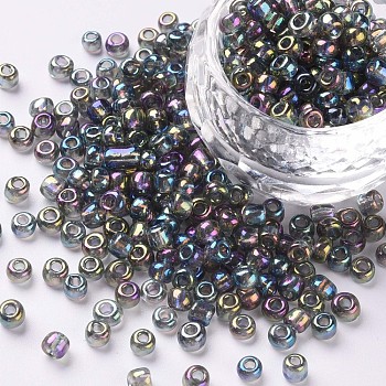 6/0 Round Glass Seed Beads, Transparent Colours Rainbow, Round Hole, Dark Gray, 6/0, 4mm, Hole: 1.5mm, about 450pcs/50g, 50g/bag, 18bags/2pound