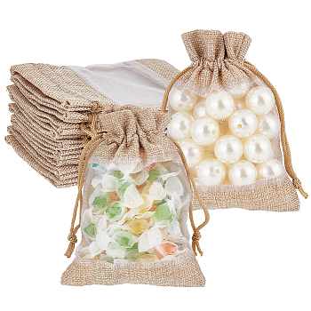 30Pcs Linen Pouches, Drawstring Bags, with Organza Windows, Rectangle, Antique White, 14x10x0.5cm