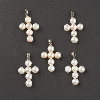Natural Pearl Pendants, with Platinum Plated Brass Findings, Cross Charm, 30x20x5.5mm, Hole: 5x3mm