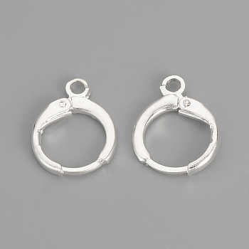 Brass Huggie Hoop Earring Findings, with Loop, Silver Color Plated, 15x11.5x2mm, Hole: 2mm, Pin: 1mm