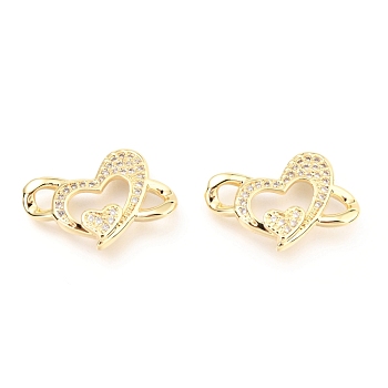 Brass Micro Pave Clear Cubic Zirconia Links Connectors, Long-Lasting Plated, Heart with Heart, Real 18K Gold Plated, 14.5x21.5x2.5mm, Hole: 2.7x3mm