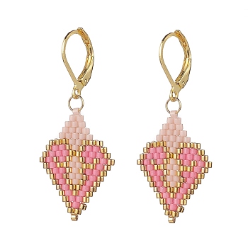 Glass Seed Braided Rhombus with Heart Dangle Leverback Earrings, 304 Stainless Steel Drop Earrings for Women, Pearl Pink, 44mm, Pin: 0.7mm