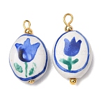 Handmade Porcelain Pendants, with Brass Findings, Blue and White Porcelain, Oval with Tulip Charms, Royal Blue, Real 18K Gold Plated, 24x13x7mm, Hole: 3mm(PR-CBA8966-08G)