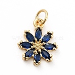 Rack Plating Brass Micro Pave Cubic Zirconia Charms, Long-Lasting Plated, Lead Free & Cadmium Free, Real 18K Gold Plated, Flower, Prussian Blue, 14.5x12x3mm, Hole: 3mm(X-ZIRC-F129-34C-G)