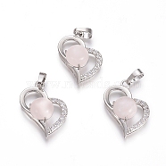Natural Rose Quartz Pendants, with Platinum Tone Brass Findings and Crystal Rhinestone, Heart, 29x21.5x9mm, Hole: 7x3.5mm(X-G-L512-O13)