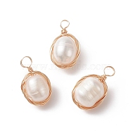 Natural Cultured Freshwater Pearl Pendants, Potato Charms, with Light Gold Tone Copper Wire Wrapped, 19.5~20x11.5~12x9mm, Hole: 3~4mm(PALLOY-JF01979-02)