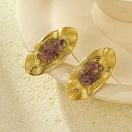 Oval Stainless Steel Stud Earrings, Real 18K Gold Plated, with Natural Amethyst, 36x18mm(EJEW-D303-01G-03)