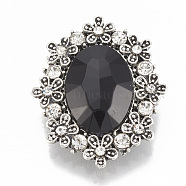 Alloy Rhinestone Flat Back Cabochons, with Acrylic Rhinestone, Faceted, Oval, Antique Silver, Black, 30x25x6.5mm(RB-S048-17A)