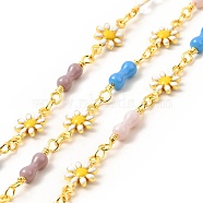 Brass Daisy Flower Link Chains, with Enamel Gourd Beaded, Real 18K Gold Plated, Soldered, with Spools, Long-Lasting Plated, Colorful, 12.5x7.5x2.5mm, 17.5x3.5mm(CHC-C003-12G)