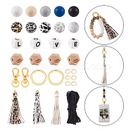 DIY Keychain Wristlet Making Kit, Including Alloy Split Key Rings & Clasps, Octagon with Eye Wood & Silicone Marble Pattern Beads, PU Big Tassel Pendants, Black and White(DIY-TA0004-40)