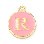 Golden Plated Alloy Enamel Charms, Enamelled Sequins, Flat Round with Alphabet, Letter.R, Pink, 14x12x2mm, Hole: 1.5mm(ENAM-Q437-14R)