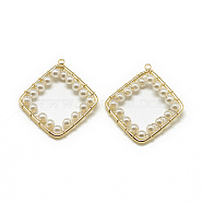 ABS Plastic Imitation Pearl Pendants, with Brass Findings, Rhombus, Real 18K Gold Plated, 36x32x4mm, Hole: 1mm(KK-T032-079G)