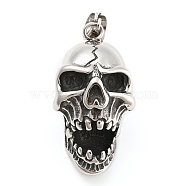 316L Surgical Stainless Steel Pendants, Skull Charm, Antique Silver, 44.5x24x27mm, Hole: 9.5x7.5mm(STAS-D012-06AS)